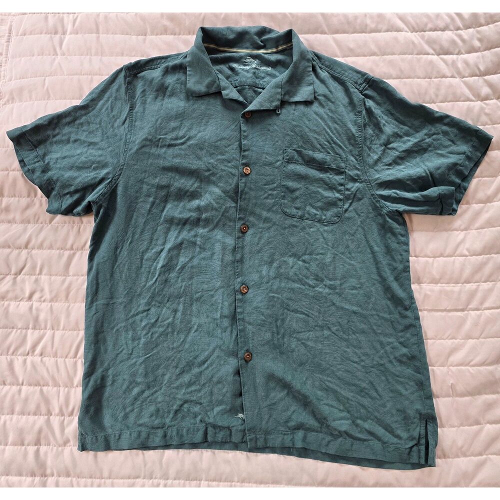 Tommy Bahama Men’s Silk Button Down Shirt Teal Green Palm Print Short Sleeve